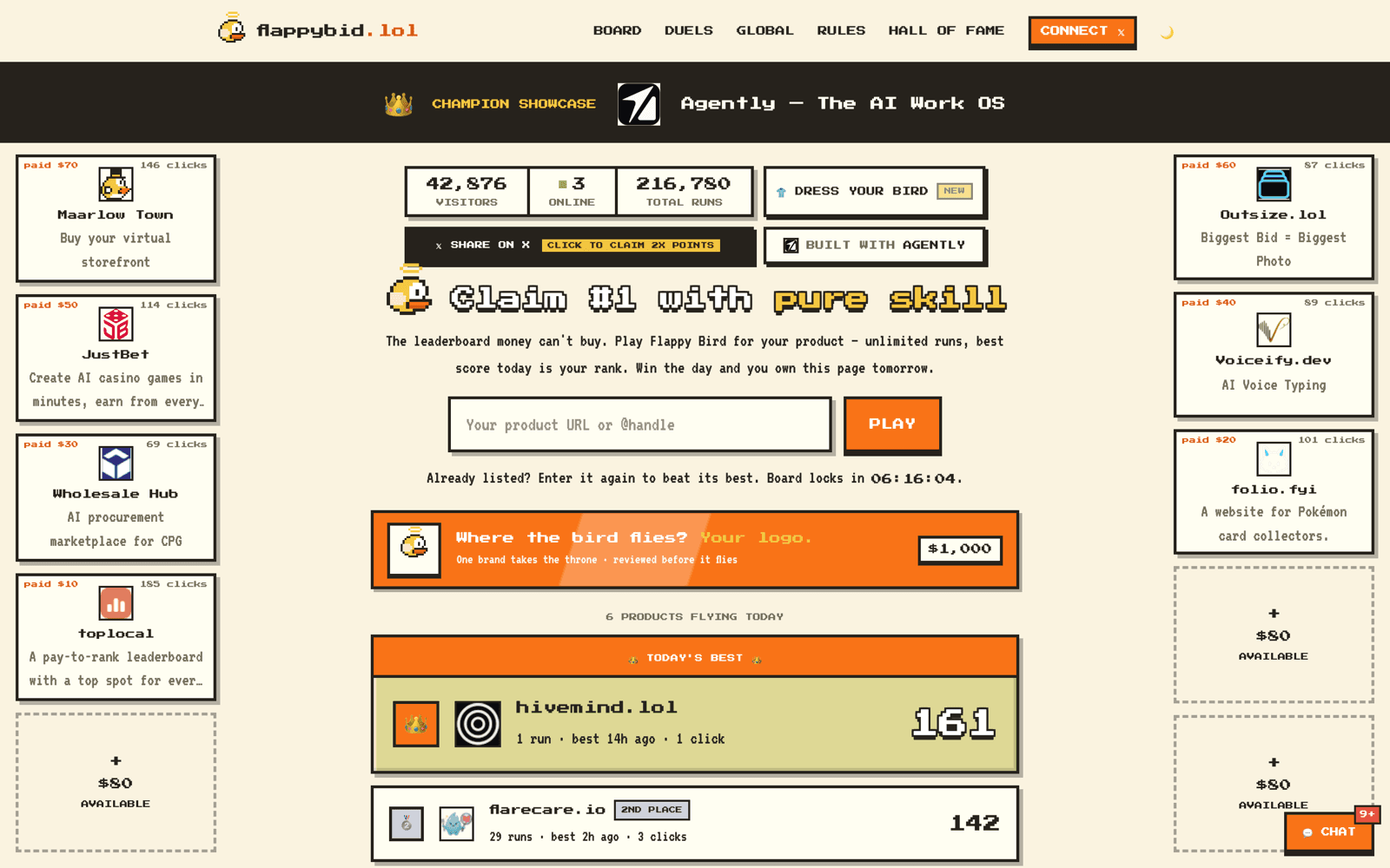 FlappyBid homepage: a pixel-art “Claim #1 with pure skill” leaderboard with today's best products and their scores.