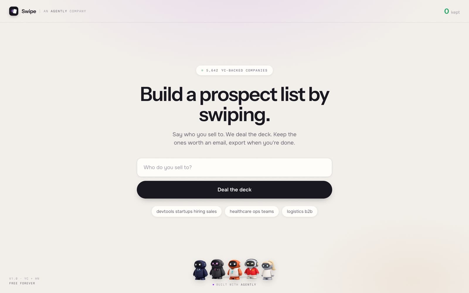Swipe homepage: “Build a prospect list by swiping” over a “Who do you sell to?” prompt and a Deal the deck button.